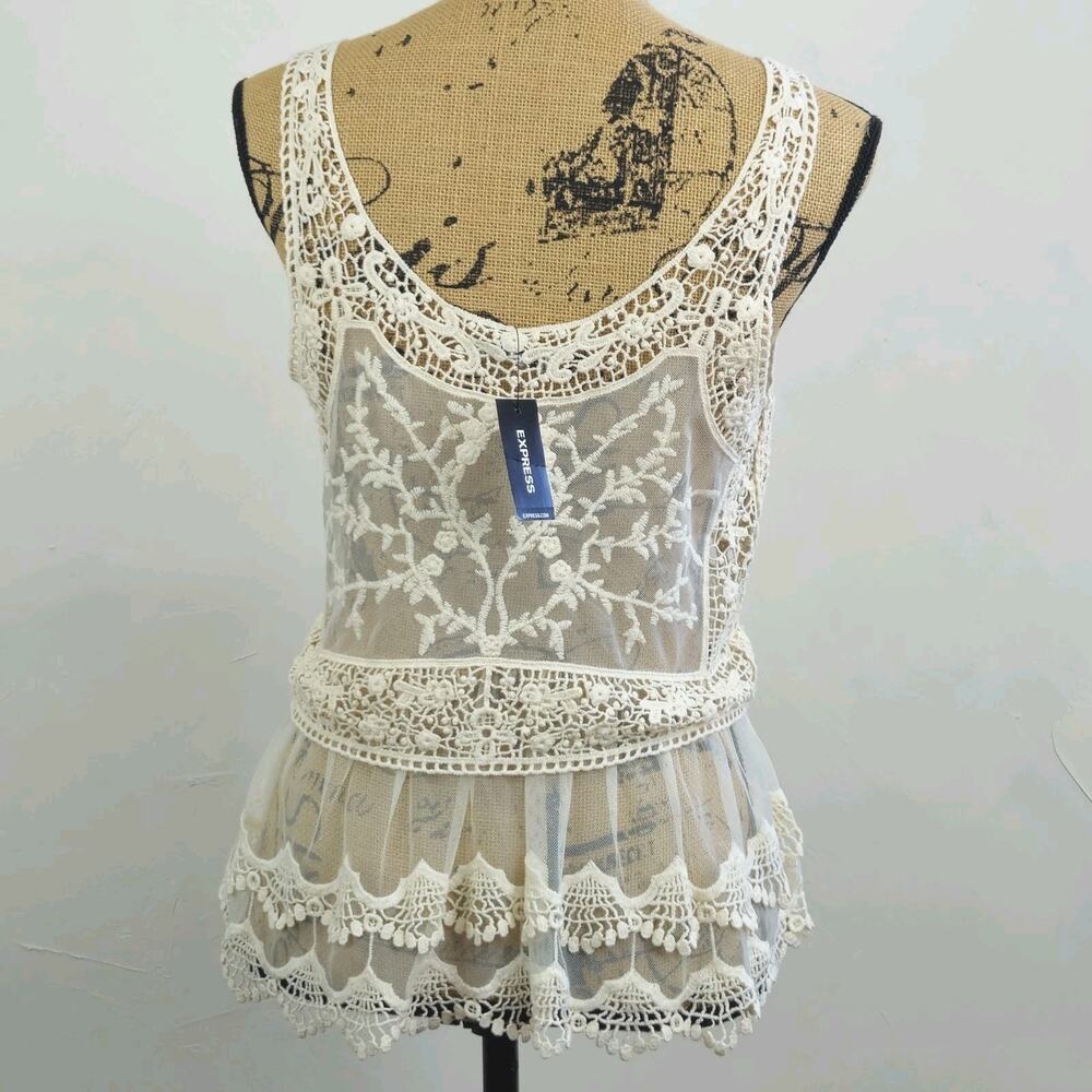 Express Top S Ivory Lace Mesh Peplum Sleeveless Boho Festival Coastal Fairycore - Picture 5 of 9